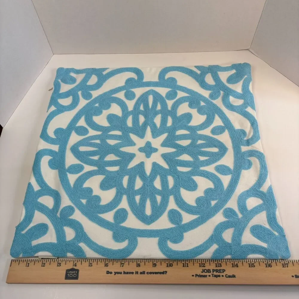 Alysheer Aqua Blue Embroidered Mandala Throw Pillow Cover Appr. 18x18Cotton Boho